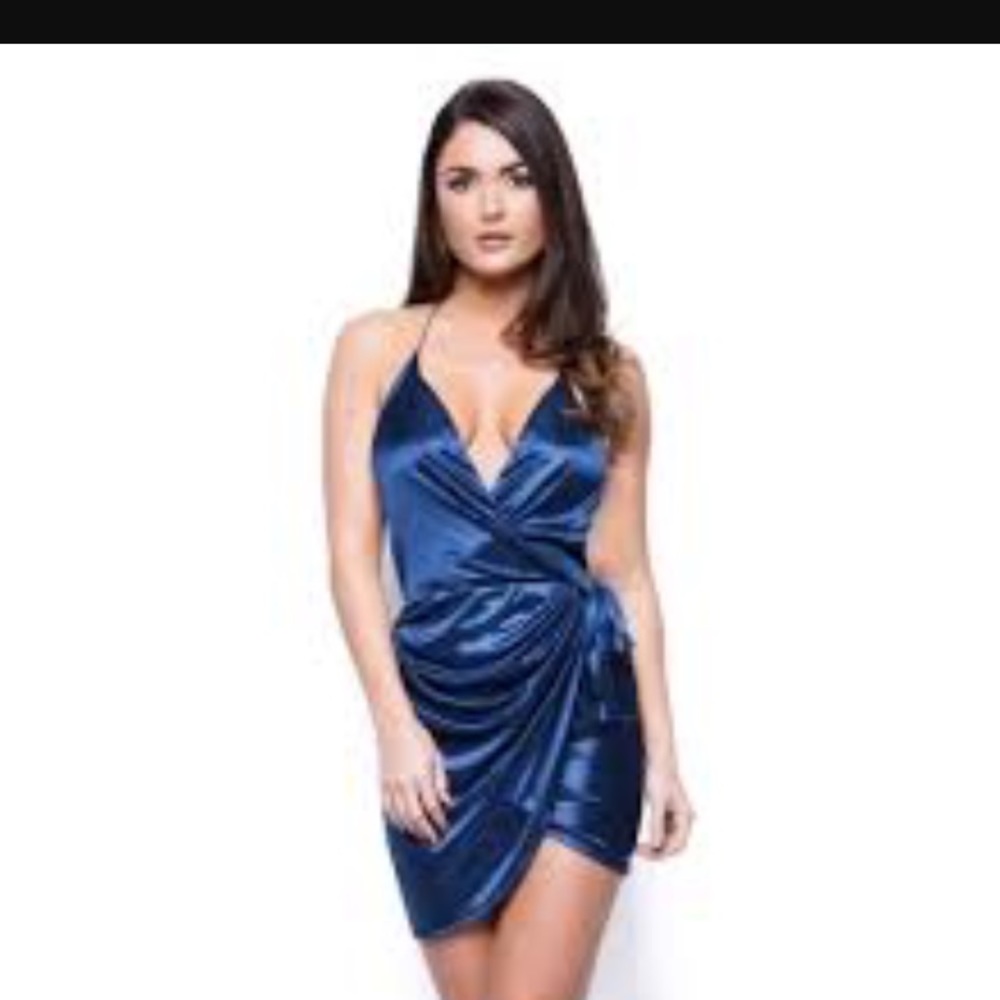 Blue satin mini dress with asymmetric wrap skirt